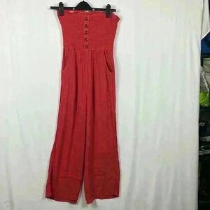 Sky & Sparrow Jumpsuit Burnt Orange M Smocked Bodice Sleeveless Pockets Ruffle